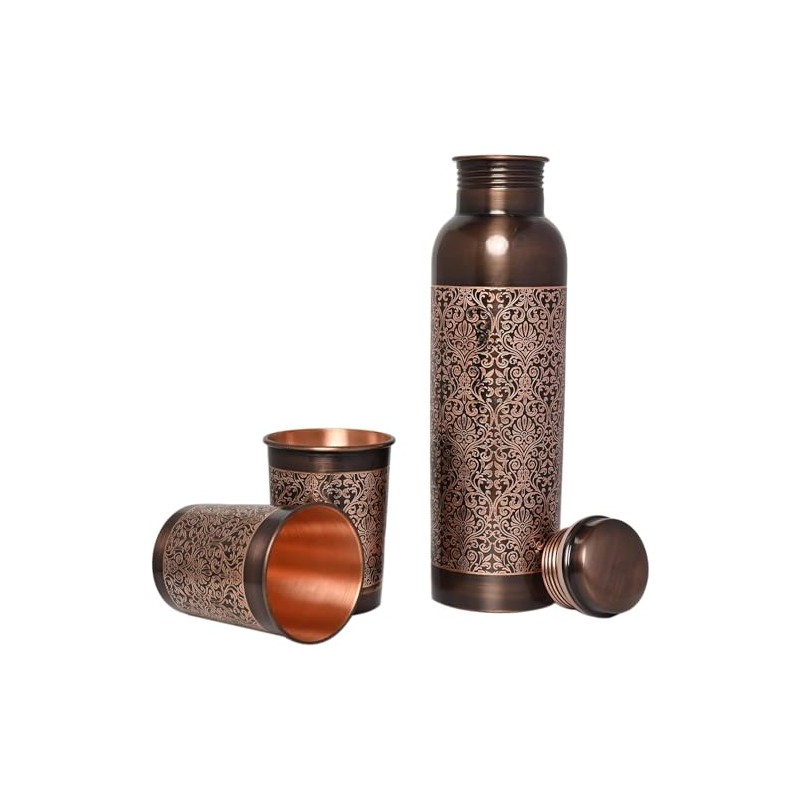 Copper Water Bottle with 2 Tumblers Set, Floral Pattern for