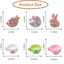 6PCS Brown Rabbit/Porcelain Cup Resin Figurines – Creative DIY Miniature Animal Ornaments for Micro Landscape, Fish Tank Aquarium Decor, Fairy Garden, Moss Decoration, Desktop Display, Car Accessories