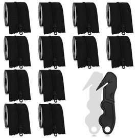 MAYOKEN® 12-Pack Black Heavy Duty Peel & Stick Zipper with Bonus Film Cutter, 7ft x 3in Double-Sided Self-Adhesive Zipper Door for Dust Barriers, Greenhouses, Construction Sites