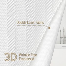 Gibelle White Shower Curtain, 3D Embossed Textured Herringbone Fabric Modern Farmhouse Bathroom Decor Soft Cloth Curtain Set with Hooks, 72x72