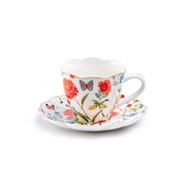 Gracie China Shop Grace Teaware Butterfly Poppy Fine Porcelain 7oz Scallop Shaped Tea Cup and Saucer, Brunch, Afternoon Tea, Garden Party, Mother's Day, Elegant Tea Ware Gift
