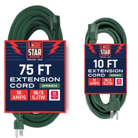 Lone Star Outdoor Extension Cord 75 ft, 16/3 10 Amp Weatherproof SJTW Heavy Duty Green Cable & Outdoor Extension Cord 10 ft, SJTW 13AMP Green 16AWG Exterior Cable 3 Prong