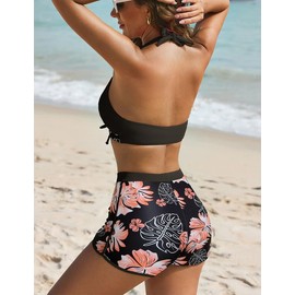 Bsubseach Womens Flower printing Bikini with Boy Shorts Bottoms Two Piece High Waisted Bathing Suits (Black XL)