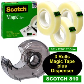 Scotch Magic Tape 810 1/2 x 1296", 3 Rolls of Tape plus H127 Handheld Dispenser