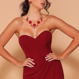 BriLove Gorgeous Stunning Rhinestone Crystal Marquise Rose Flower Cluster Statement Necklace Stud Earrings Set for Wedding Party Prom Accessories Ruby Color Gold-Tone