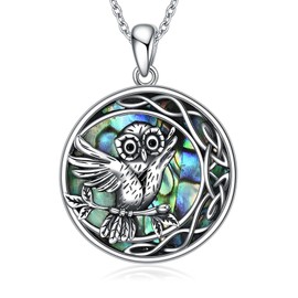DAYLINLOVE Owl Necklace 925 Sterling Silver Abalone Shell Moon Owl Pendant Necklace Celtic Owl Jewelry Gifts for Women Girls Owl Lovers