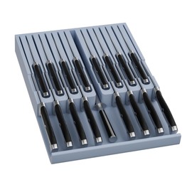 Domax Bamboo In-drawer Knife Block - Knife Drawer Organizer Insert Large Handle Steak Knife Holder, Kitchen Drawer Knife Organizer Fits for 16 knives and 1 Sharpening Steel (Not Included), Gray