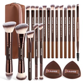 MAANGE Set de Brochas para Maquillaje 18Pcs Brochas Maquillaje Premium Sintética de Doble Punta Base de Maquillaje Polvos Sombras de Ojos Brochas de Maquillaje Profesional con 2 Esponjas de Maquillaje y Bolsa Impermeable Regalo Ideal(Marrón)