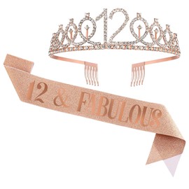 UVATAHONA 12th Birthday Sash and Tiara for Girl, 12 & Fabulous Sash and Tiara Birthday Crown, Happy 12th Birthday Gifts for Girls Kids Party Favors Supplies and Decorations, Rose Gold