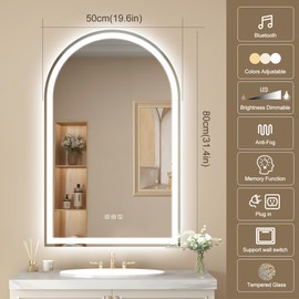 STARLEAD 32"x20" LED-Bathroom-Mirror-with-Lights, Wall-Mounted with Bluetooth Speaker, Anti-Fog, 3 Color Temperature, Dimmable Brightness, IP65 Waterproof, Tempered Glass, Frontlit & Backlit, Arched