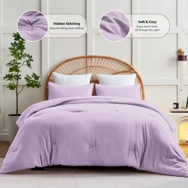 CozyLux Lavender Purple Comforter Set Queen Size, 3 Pieces Solid Breathable Quilted Boho Style Bedding Sets, Luxury Fluffy Soft Microfiber Comforter for All Season(1 Comforter & 2 Pillowcases)