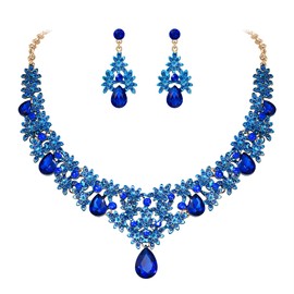 Brilove Women's Wedding Bridal Jewelry Set Teardrop Crystal Cluster Rhinestone Enamel Statement Necklace Dangle Earrings Sapphire Colour Gold-Tone