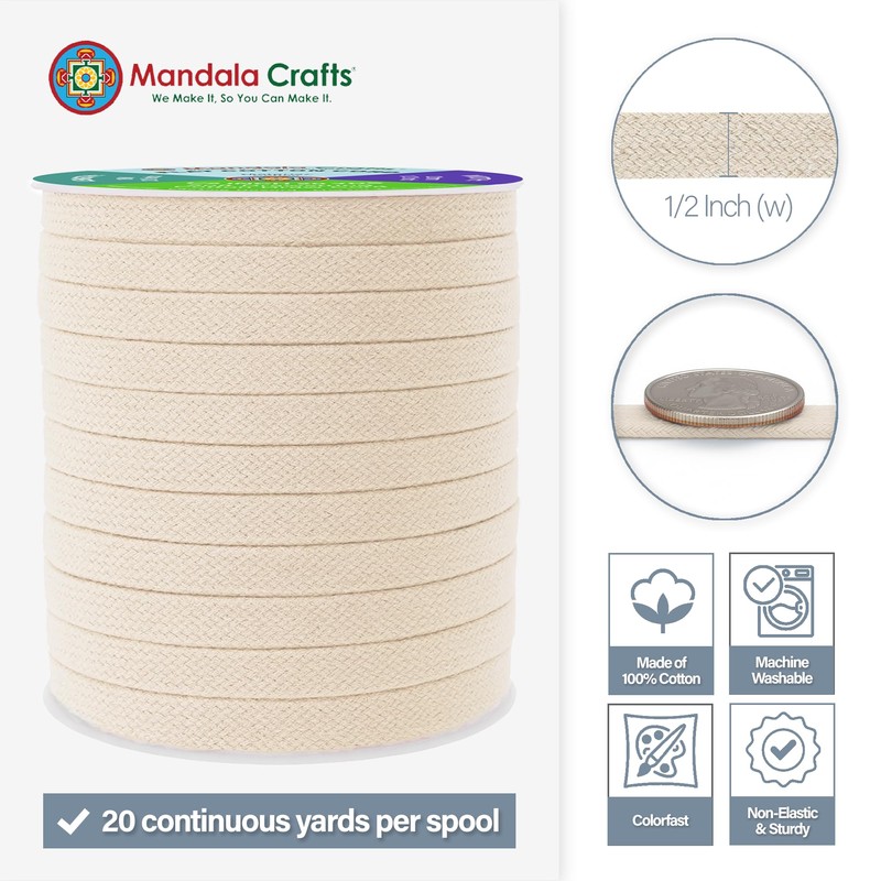 Mandala Crafts Cream Flat Drawstring Cord Drawstring Replacement, 1/2 Inch