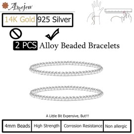 Amejew 2 Pcs 4mm 985 Silver Plated Bead Ball Bracelet Stretchable Elastic Gold Beaded Bracelets for Women(4mm,2Pcs Silver)