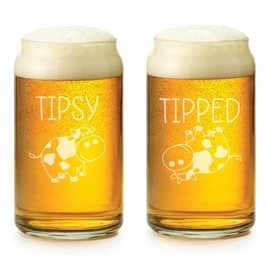 MIP 16 oz Beer Can Glass Set of 2 Tipsy Tipped Cow Funny Gift