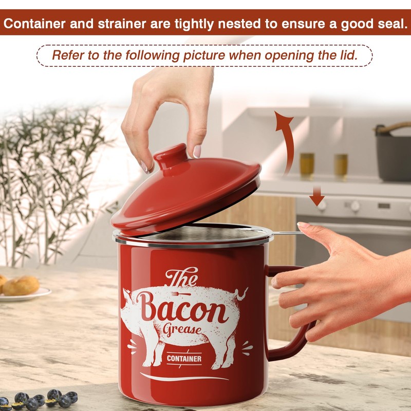Bacon Grease Container With Strainer, 46OZ Large Enamel Grease Container,