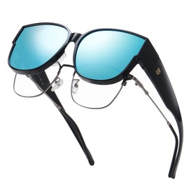 DUCO Fit Over Sunglasses for Men Women Wear Over Glasses Retro Wrap Around Polarized Sun Glasses UV400 Protection (A-Black Frame Revo Blue Lens)