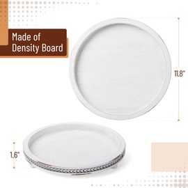 Bamboo Land- Round Decorative Trays for Coffee Table, 12", White, Wood Tripod & Beaded Design, Wooden Round Tray for Coffee Table