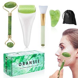 Kit de Belleza Facial 5 en 1 Masajeador Facial de Jade con Rodillo Facial, Gua Sha Facial, Rodillo de Hielo Facial y Cepillo - Alivia Ojeras e...     