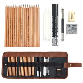 Sketch Pencil Set, 29 Pieces, Artist Kit for Sketching / Drawing with Charcoal Pencils, Paper Pencils, Holder, Sharpener, Eraser, in Canvas Bag for Children / Adults