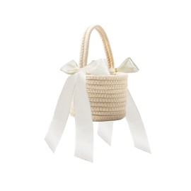 Cotton Flower Girl Basket for Wedding, Wedding Flower Basket with Handle and Ribbons for Petals(Khaki)