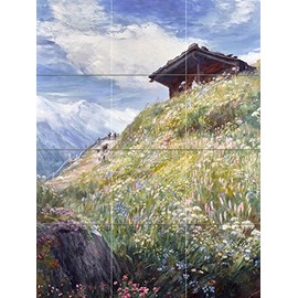 Tile Mural Alpine Meadow Switzerland by John MacWhirter Wildflowers Mountains Road Sheep Sky Kitchen Bathroom Shower Wall Backsplash Splashback 3x4 4.25" Ceramic, Glossy
