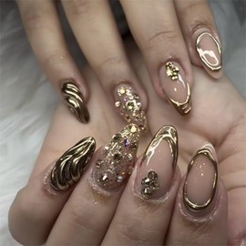 24Pcs Gold Press on Nails French Tip Fake Nails Medium Almond Acrylic Nails 3D Glossy Rhinestones False Nails with Glitter Design Full Cover Glue on Nail Reusable Manicure Kit for Women Girls