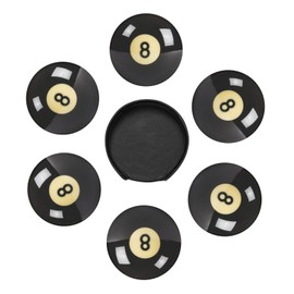 Black 8 Billiard Coasters for Drinks with Holder Round Leather Coasters Set of 6 Cups Mugs Mat Pad for Home Kitchen Bar