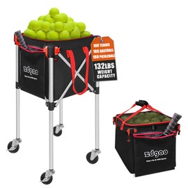 LOMGWAYS Pickleball Tennis Ball Hopper-Foldable Lightweight Tennis Ball Cart Holds 180 Tennis with Removable Bag,Wheel,Side Pocket for Training/Teaching, for Tennis/Pickleball/Baseball/Softball