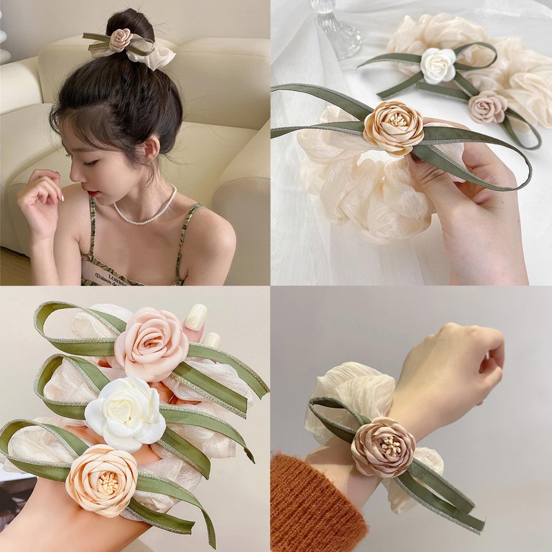 4Pcs Hair Scrunchies Rose Flower Hair Bows Elegant Elastic Hair