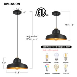 ALAISLYC 12 Inch Black Pendant Light Fixture,Farmhouse Hanging Lamp Adjustable Height Dome Pendant Lights for Kitchen Island Dining Room,3 Pack