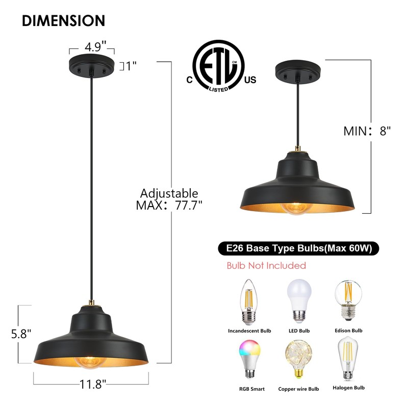 ALAISLYC 12 Inch Black Pendant Light Fixture,Farmhouse Hanging Lamp Adjustable