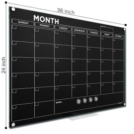 Black 24”x36” Magnetic Glass Whiteboard Calendar Planner White Board Undated Dry Erase Board Dry Erase Calendar for Wall Monthly Glass Whiteboard Home Office Large Wall Month Planner