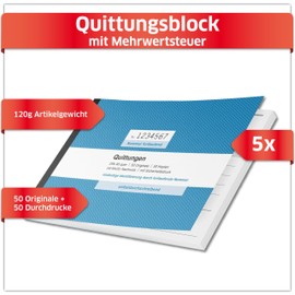 Primus Print Receipt Pad 5 x DIN A6 Landscape & Perforated, 2 x 50 Sheets with Duplicate – with VAT, Copy & Consecutively Numbered – Receipt Pad Small Business – Invoice Pad – Receipt