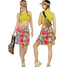 kasahara 80s 90s Costume Women's Retro Tracksuit Workout Sports Outfit Skirt, Crop Top, Belt Bag, Sun Visor Hat Carnival Fancy Dress Costume (Turmeric, L)