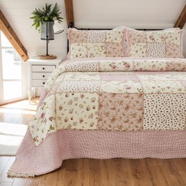 Brandream King Quilt Set 100% Cotton Handcrafted Patchwork Quilts Rose Floral Quilt Set Vintage Farmhouse Quilt Bedding Set 3-Piece