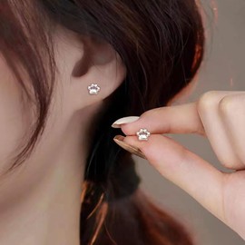 Paw 925 Sterling Silver Stud Earrings for Women Girls Minimalist Cute Cat Dog Animals Paw Prints Hypoallergenic Cartilage Tragus Post Pin Birthday Summer Party Jewelry Gifts for Daughter for Pet Lover