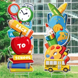 Funnymoom 2 Pcs Welcome Back to School Yard Signs Large First Day of School Lawn Sign Cards with Metal Stakes Party Waterproof Outdoor Garden Yard Decorations for Greeting Students