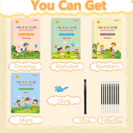 Large Grooved Handwriting Practice for Kids, Magic Grooved Writing Practice with 4 Workbooks, Reusable Grooved Handwriting Workbooks for Kids Ages 3-8, Tracing Numbers, Drawing, Math, Alphabet