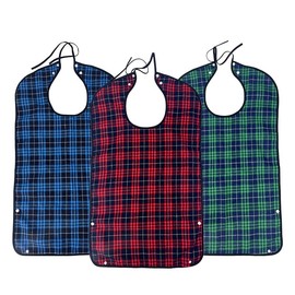 HYMIC 3 Pack Adult Bibs for Men Women Elderly Reusable Large Adult Bibs for Eating, Adjustable Washable Clothing Protectors with Crumb Catcher for Senior (3Pack Blue+Red+Grey)