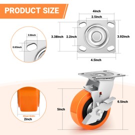 Humagineer 5 Inch Heavy Duty Casters - Industrial Casters with Upgraded Thickened Bracket Set of 4, Polyurethane Wheel Capacity up to 3500 lbs, Plate Swivel Caster Use for Indoor and Outdoor(4 Brake)