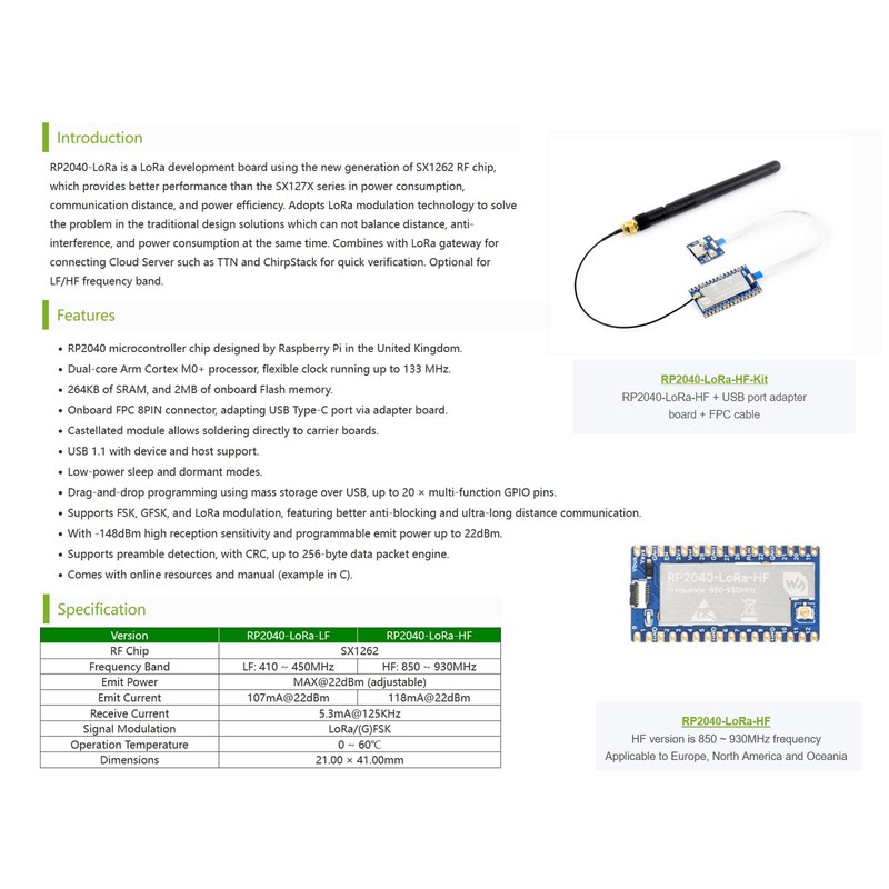 LoRa Development Board Kit Based on Raspberry Pi RP2040 Microcontroller