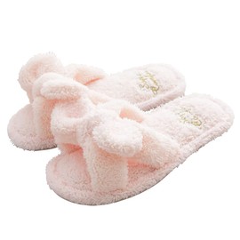 Modest Joy Women's Washable Ribbon Slippers, Room Shoes, Mokomoko, Terry Cloth, Clean, Stylish, Cute, Portable, Embroidery,, Pink