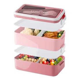 HENSHOW Lunch Box Brotdose 2 Levels, 1600ml Bento Box Auslaufsicher mit Besteck und Saucenbox, 4 Fächer Lunch Box für Erwachsene Männer Frauen, BPA-frei, Mikrowellengeeignet (Rosa)