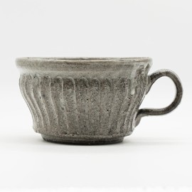 Marui MR-3-4415 Shigaraki Ware Loofah Soup Cup, Capacity Approx. 11.8 fl oz (350 ml), Silver Ash Carved, Gray