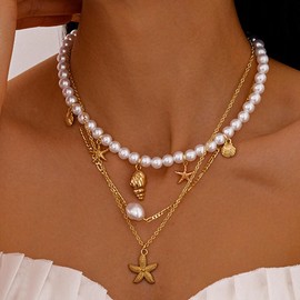 Missgrace 3 Tier Vintage Boho Retro Layered Dainty Summer Seashell Beach Starfish Shell Necklace Star Beach Accessories Choker Necklace for Women