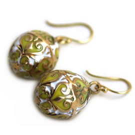 Bronze Multicolor Enameled Easter Egg, Russian Egg, Dangle Earrings Fish Hook Thailand Made Jewelry (Yellow-White)