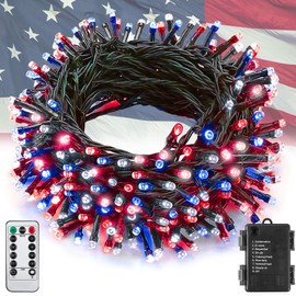 100LED Red White and Blue Lights for 4th of July Decoration, 33Ft Battery String Lights Indoor Outdoor Waterproof, 8 Modes Lights for Independence Day American Flag Holiday