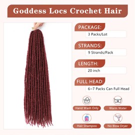 MSMUSAS Goddess Locs Crochet Hair 20 Inch 3 Packs/Lot Faux Pre Looped Locs Crochet Hair Extensions for Women 27 Strands Synthetic Crochet Braids Dreadlocks Pre-Looped(Burgundy)
