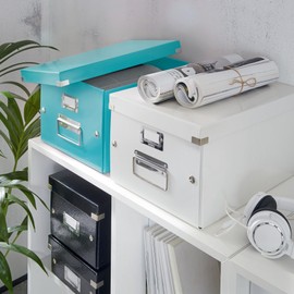 Leitz Click & Store Slim Storage Box, CD Storage, Ideal as a Gift Box with Lid, Stacking Box with Press Studs Made of High-Quality Hard Cardboard with Laminated Surface, Ice Blue, 60410051